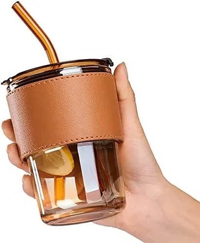 Glass Sipper with Straw & Leather Grip – 2-in-1 Lid | Leakproof & Travel Friendly
